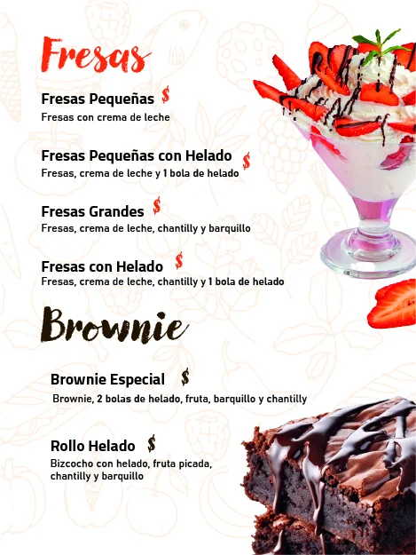 Carta de bebidas, fresas y postres diseñada para Frutería Barú