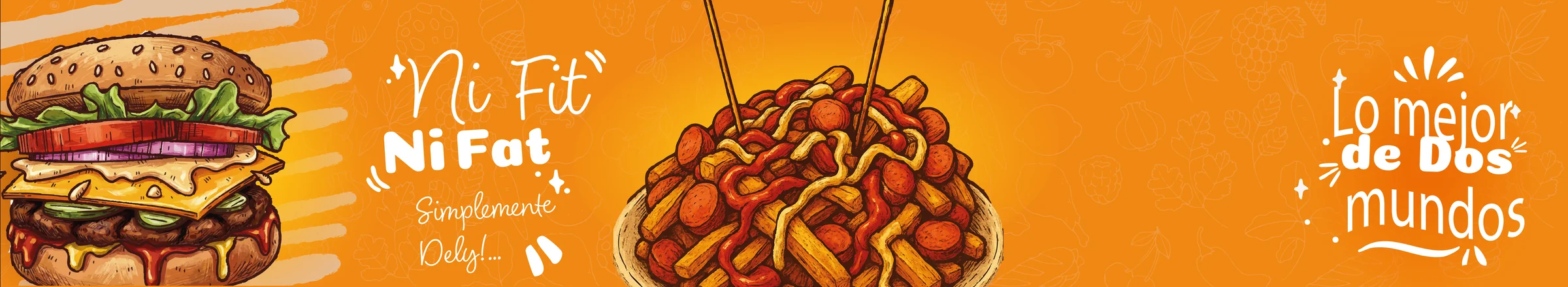 Diseño original de mural naranja con ilustraciones de comida para Frutería Barú