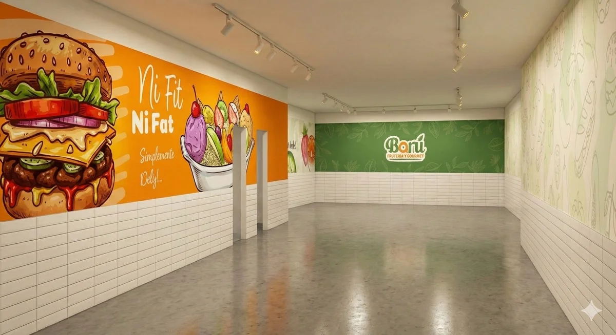 Render 3D del espacio de Frutería Barú con murales ilustrados y gráfica comercial